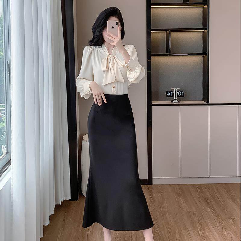 RIERA长袖杏色缎面蝴蝶结衬衫女半身裙两件套秋冬职业衬衣鱼尾裙