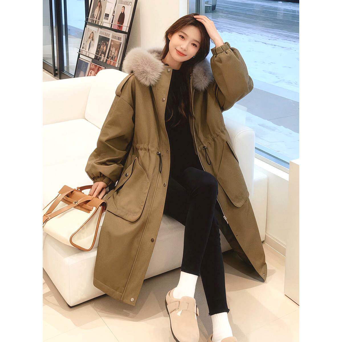 JOYIASS法式高级气质百搭长款毛领外套女2025冬季新款设计感军绿