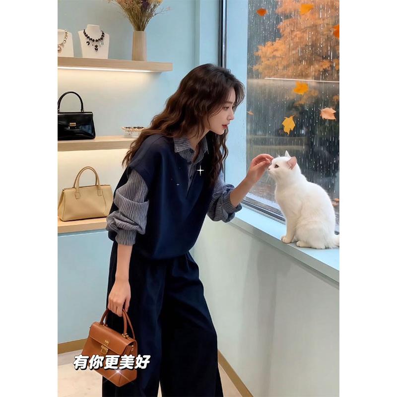 JOYIASS覆古格子假两件衬衫女长袖秋季微胖大码显瘦上衣拼接条纹