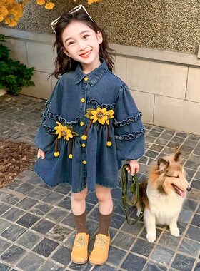 女童向日葵牛仔外套春装2025新款洋气时髦儿童宝宝上新中长款风衣