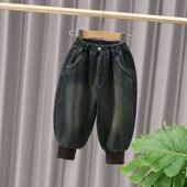 儿童加绒牛仔裤 男女童宽松束脚休闲裤 中小童秋冬款 冬季 一体绒裤 子