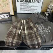 韩系毛呢格子冬季 子 休闲宽松保暖加绒阔腿裤 儿童新款 帅气加厚卫裤