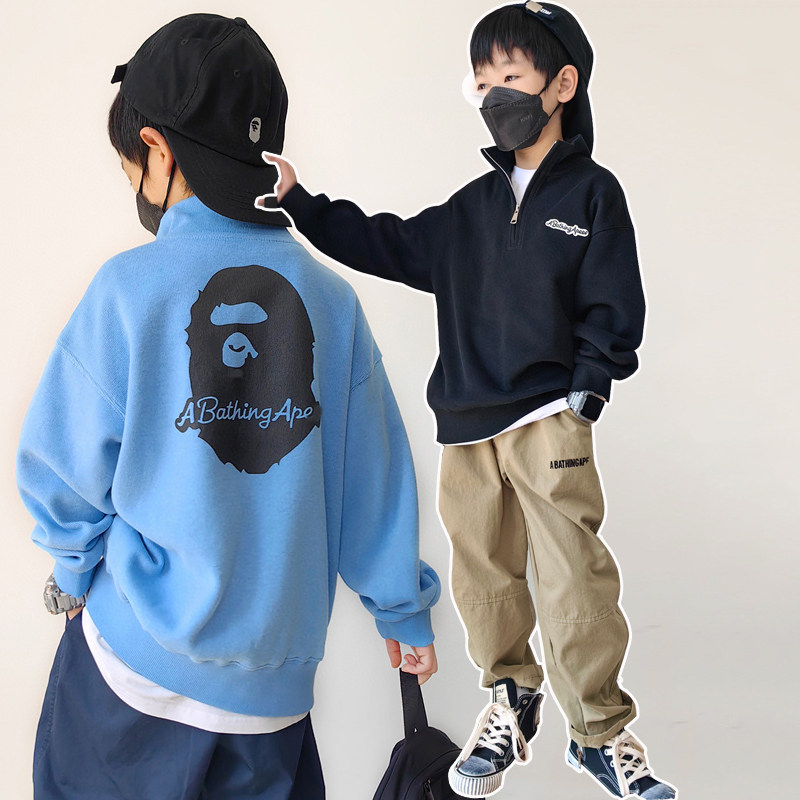 潮牌bapekids春季新款男女儿童装大童纯棉加绒长袖T恤卫衣外套