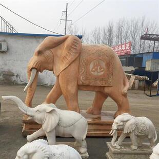 晚霞红石雕大象喷水象汉白玉石雕小象一对仿真动物石雕门口摆件