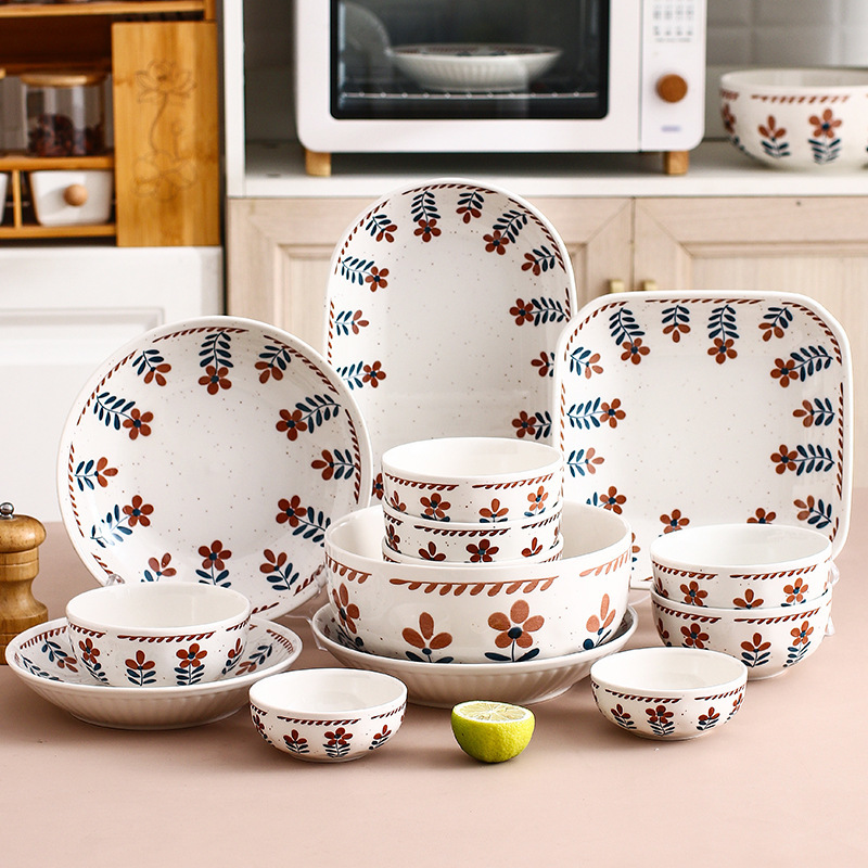 日式餐具套装 复古花碗碟家用全套 碗盘筷组合创意陶瓷碗网红盘子