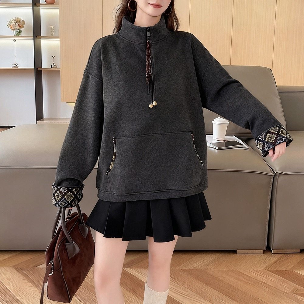 秋冬新款韩版休闲加厚半高领卫衣设计感保暖女装简约时尚百搭上衣