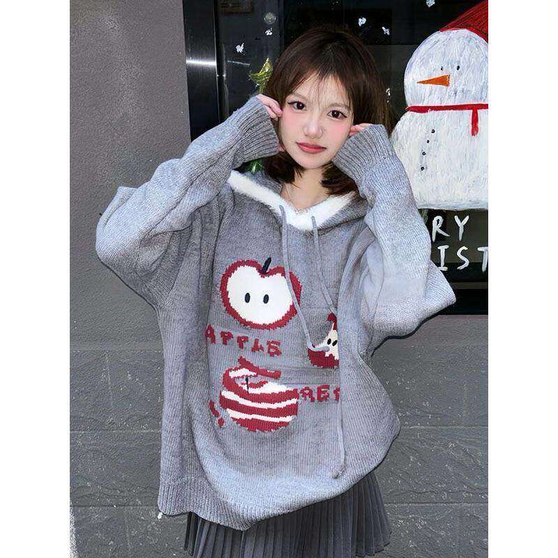 韩版学院风复古苹果提花连帽毛衣女学生秋冬季宽松保暖针织衫外套