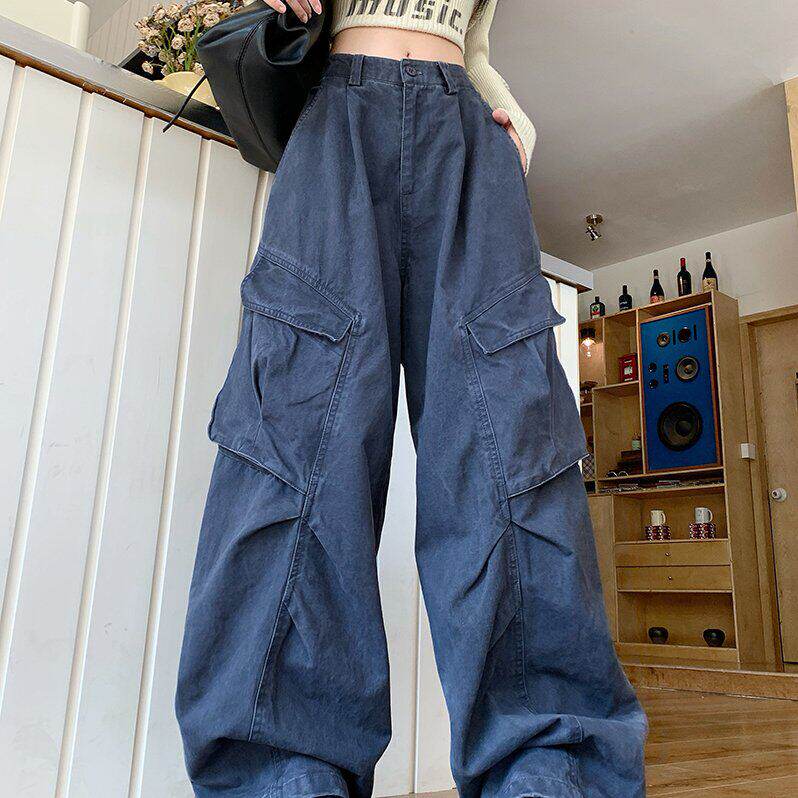实拍 水洗全棉 美式宽松多口袋工装裤女阔腿hiphop爵士街舞长裤