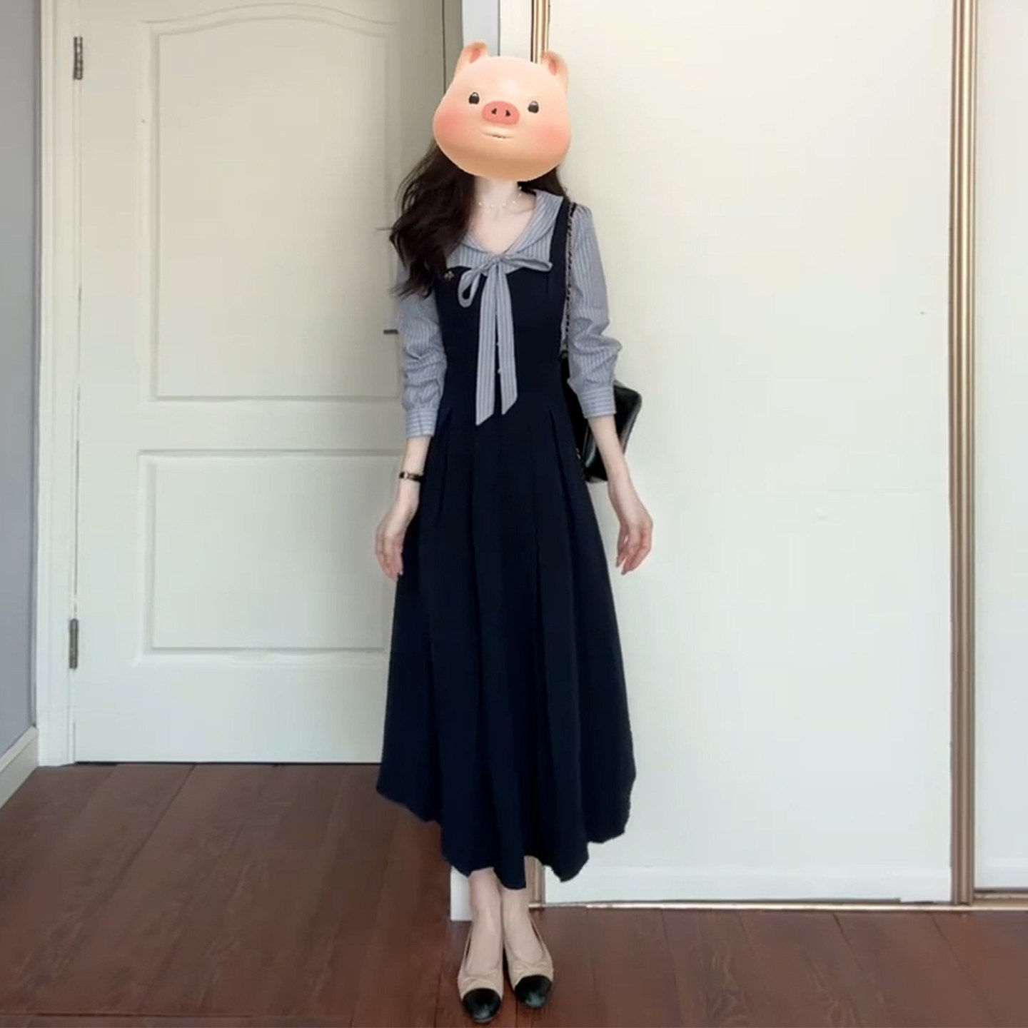 法式假两件蓝色长袖连衣裙子女2025春秋季新款学院风秋冬气质长裙