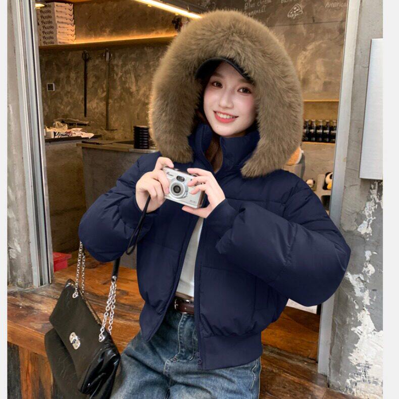 实拍美式辣妹毛领连帽棉服外套女冬季2025新款加厚短款面包服外套