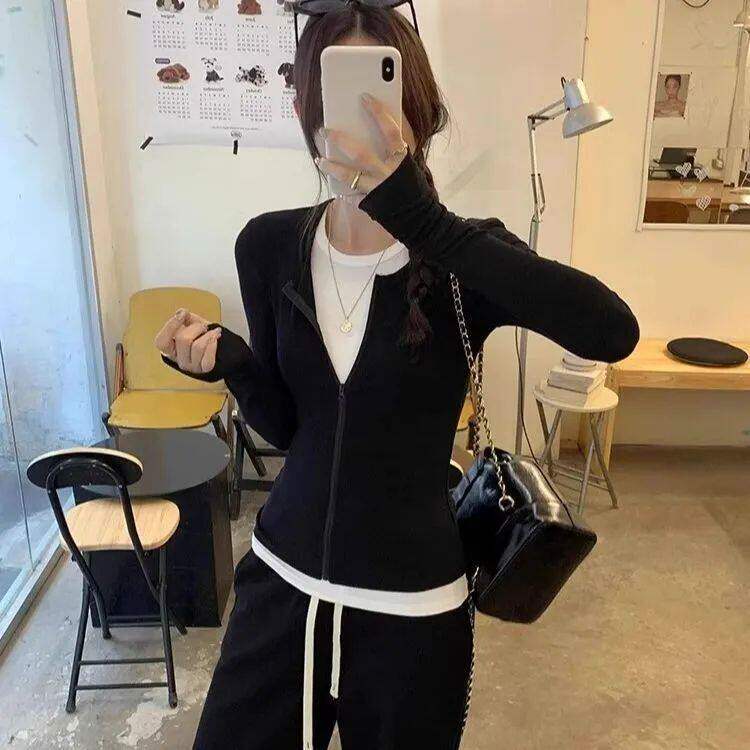 设计感小众秋季新款辣妹修身显瘦假两件拼接撞色拉链长袖t恤上衣