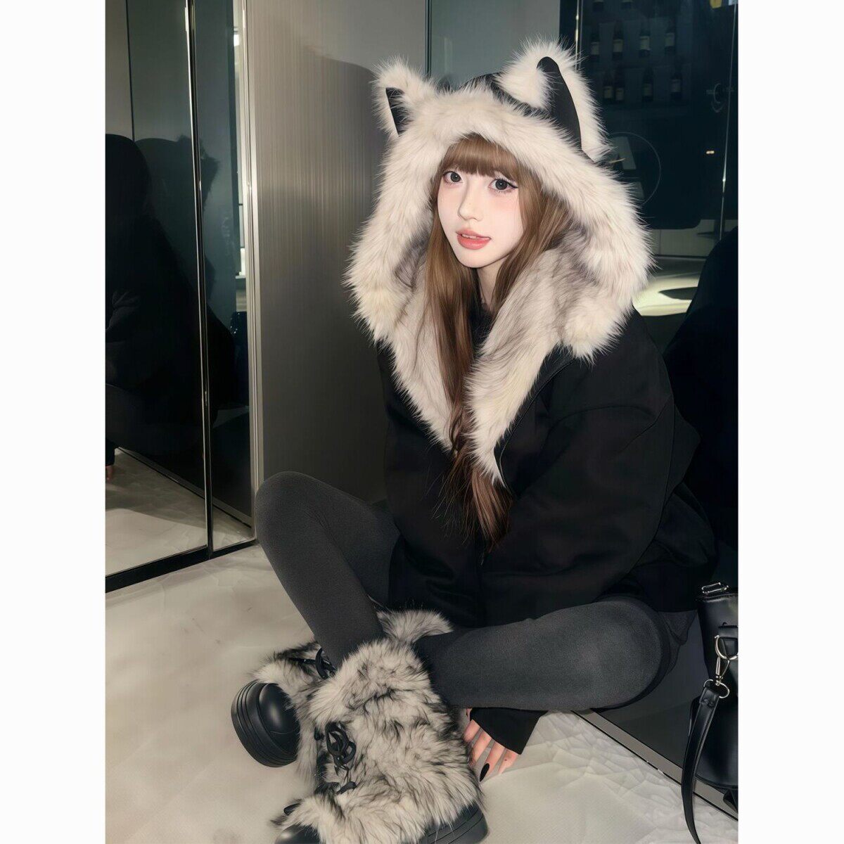 黑色新款毛领夹棉座山雕猫耳朵外套男女秋冬季加厚情侣装棉衣棉服