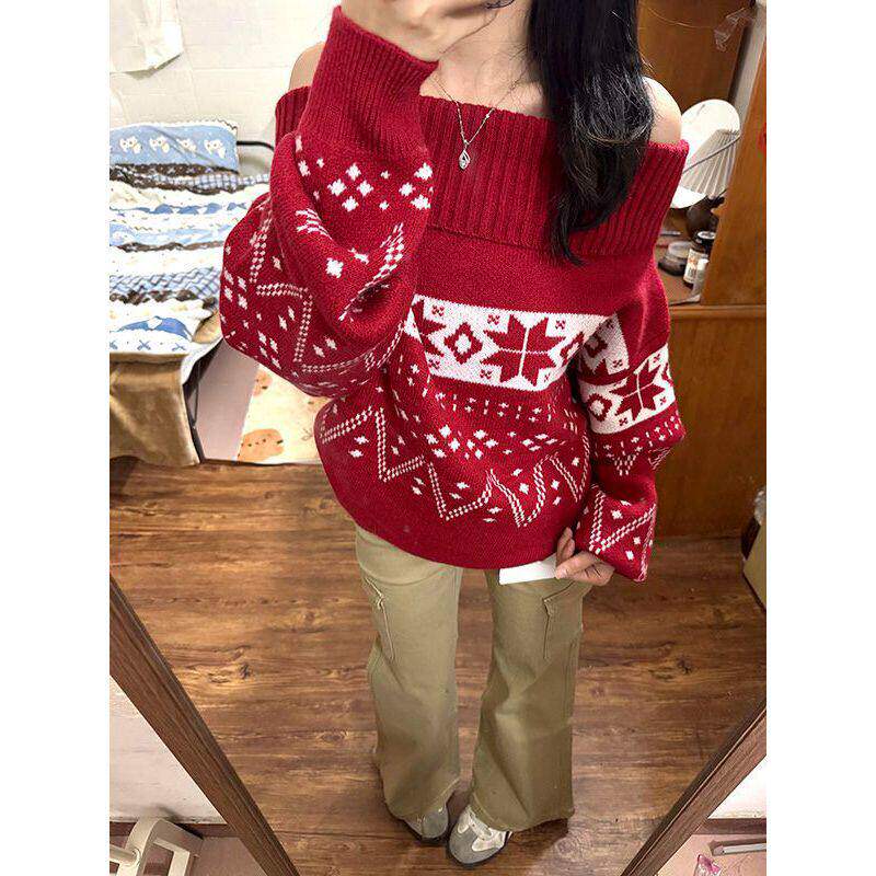 小众独特鲜艳一字肩毛衣女秋冬费尔岛红色针织衫宽松休闲露肩上衣