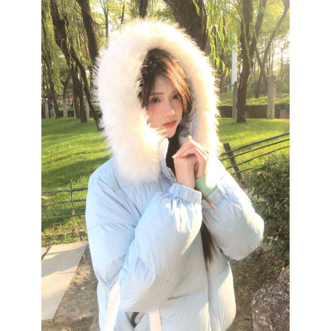 韩系甜美风小众高级感毛领连帽棉服外套女冬季新款宽松百搭面包服