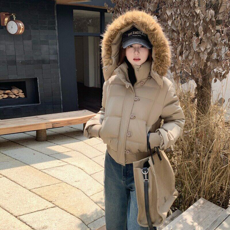 实拍美式辣妹羽绒棉服女冬季韩版新款大毛领加厚短款面包服外套