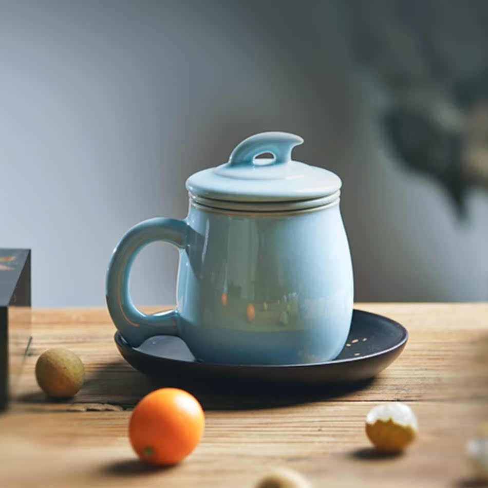 陶瓷汝窑办公室带过滤天青色茶杯