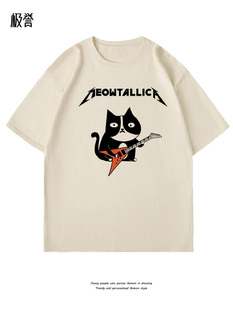 摇滚heavy 极誉Metallica复古乐队cat metal band宽松短袖 T恤穿搭
