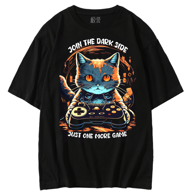 极誉美式复古插肩game dark side猫咪黑暗面oversized短袖T恤男女