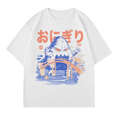 饭团巨兽觉醒 日式浮世风T恤｜蓝白水墨·巨型饭团妖怪踏水而来