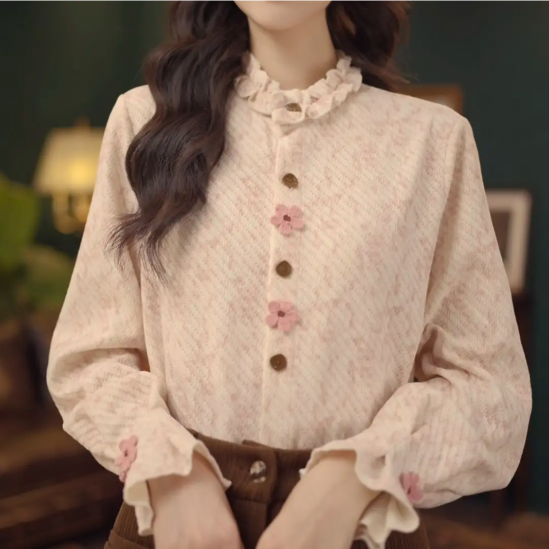 复古港风秋冬厚款休闲百搭衬衫上衣女装宽松女士长袖花边领荷叶领