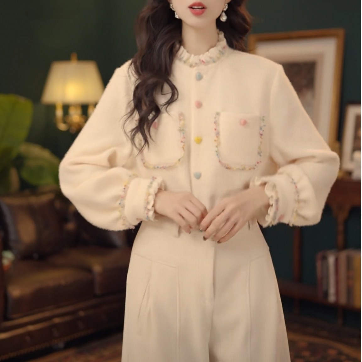 长袖纽扣领优雅风超好看花边领加厚衬衫女冬季设计感气质打底