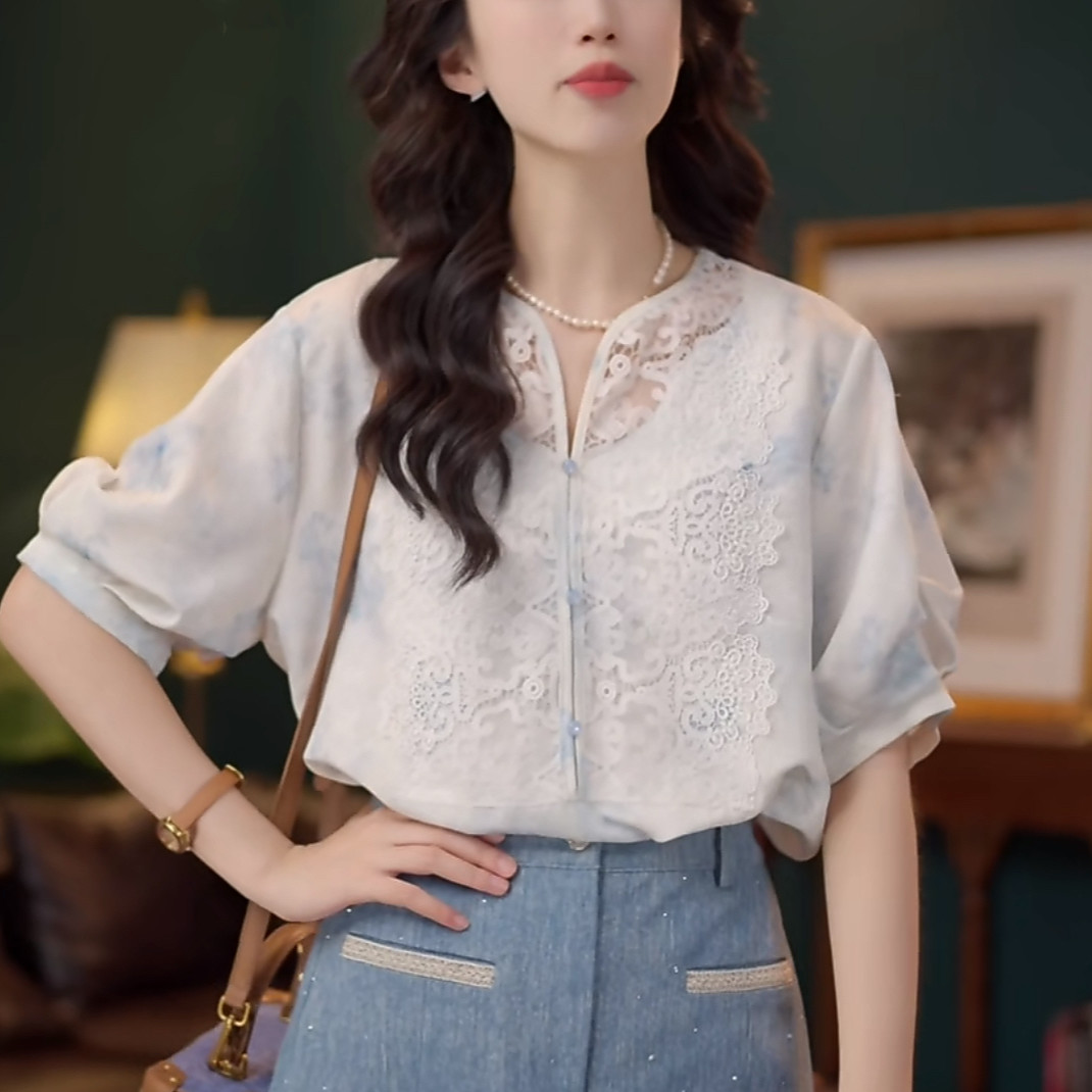 温柔衬衣休闲百搭短袖衬衫女夏季上衣花色衬衫