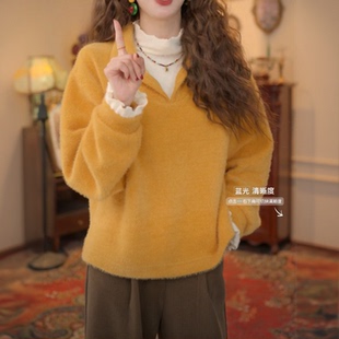 复古港风假两件长袖百搭宽松上衣衬衫橘黄色秋冬设计感时尚上衣