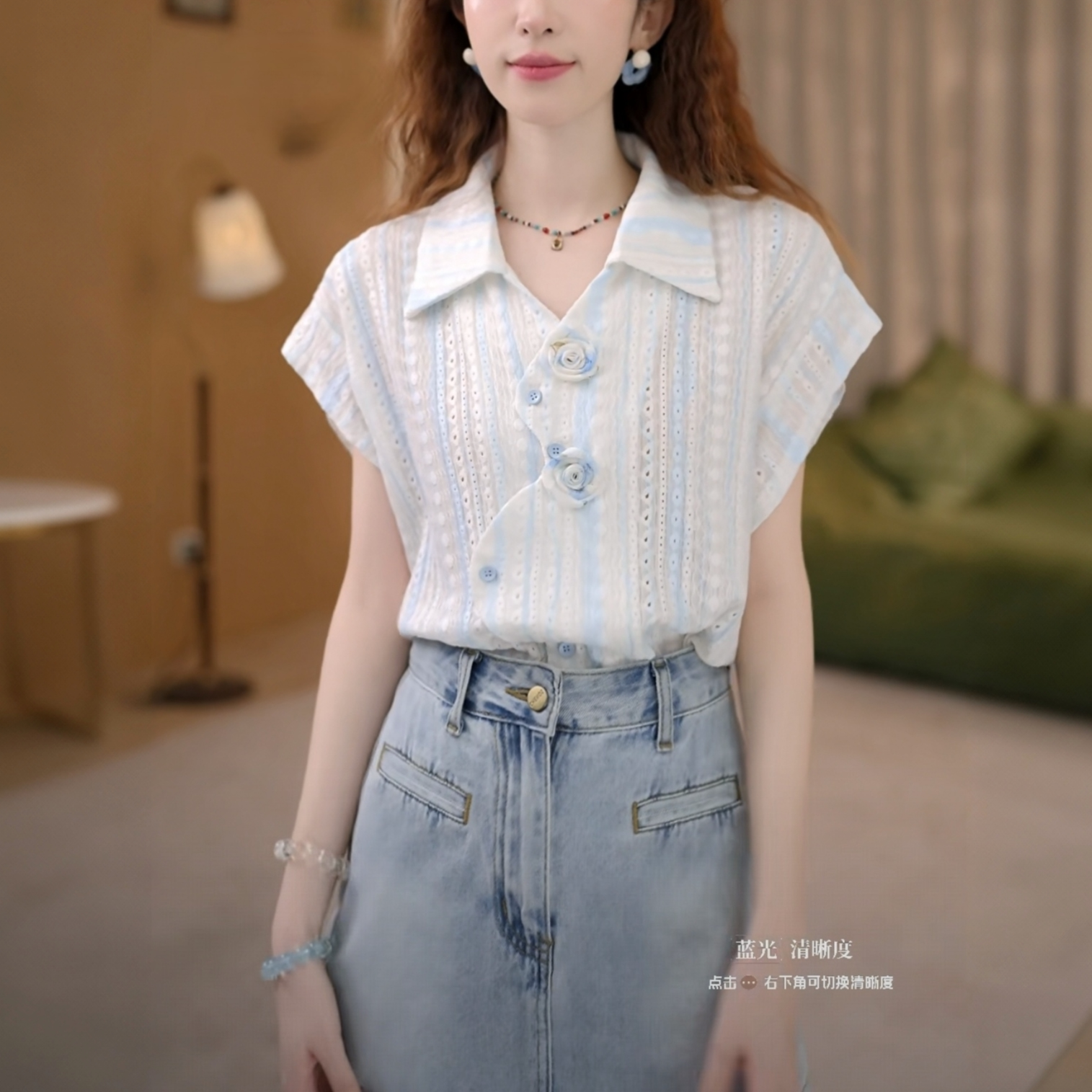 港风复古圆领镂空衬衫宽松上衣复古翻领拼接衬衫宽松百搭夏季衬衣