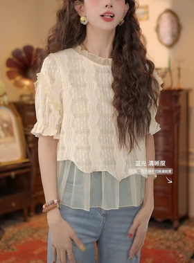 百搭短袖衬衫女2026夏季上衣复古拼接花边夏季衬衣百搭显瘦衬衫