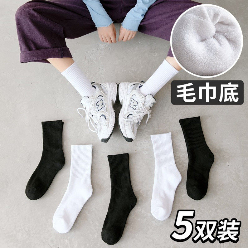 可406袜子女中筒袜白色黑色毛巾底保暖运动ins潮学院风秋冬加绒