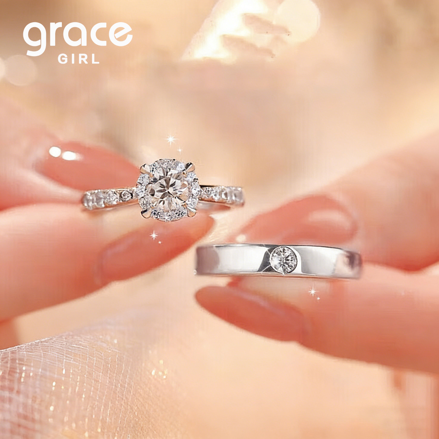 Grace Girl一克拉培育钻石情侣对戒男女钻戒求结婚礼物送女友老婆
