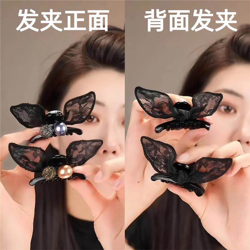黑色蕾丝兔耳抓夹刘海发夹新款