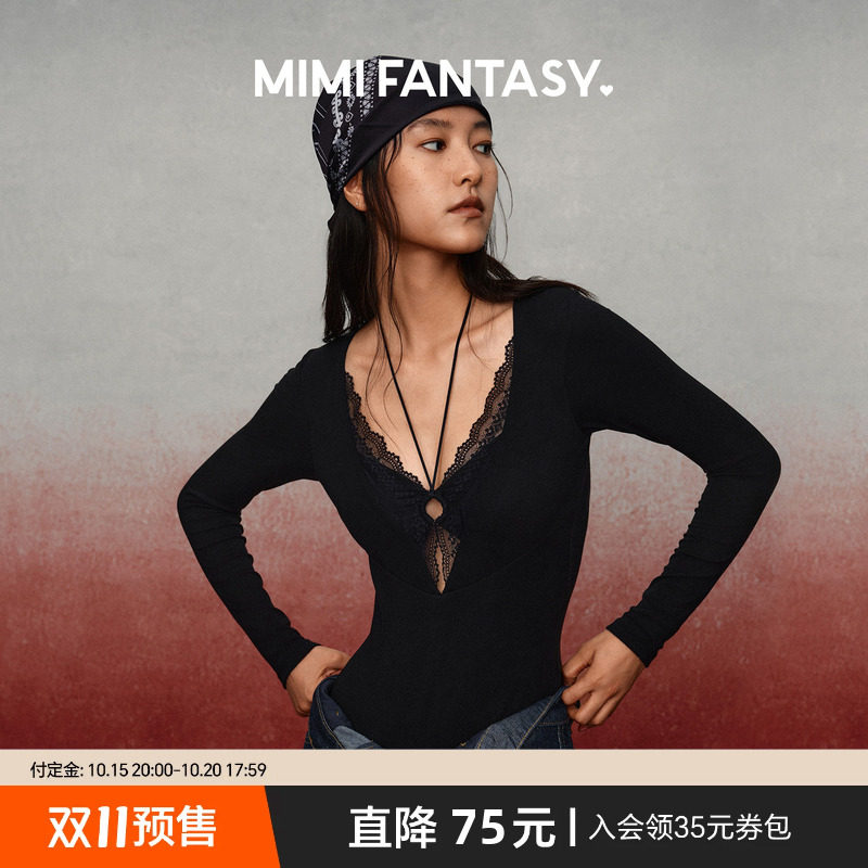 MIMI FANTASY性感深V绑带连体衣 秋冬蕾丝边免穿文胸镂空显瘦上衣