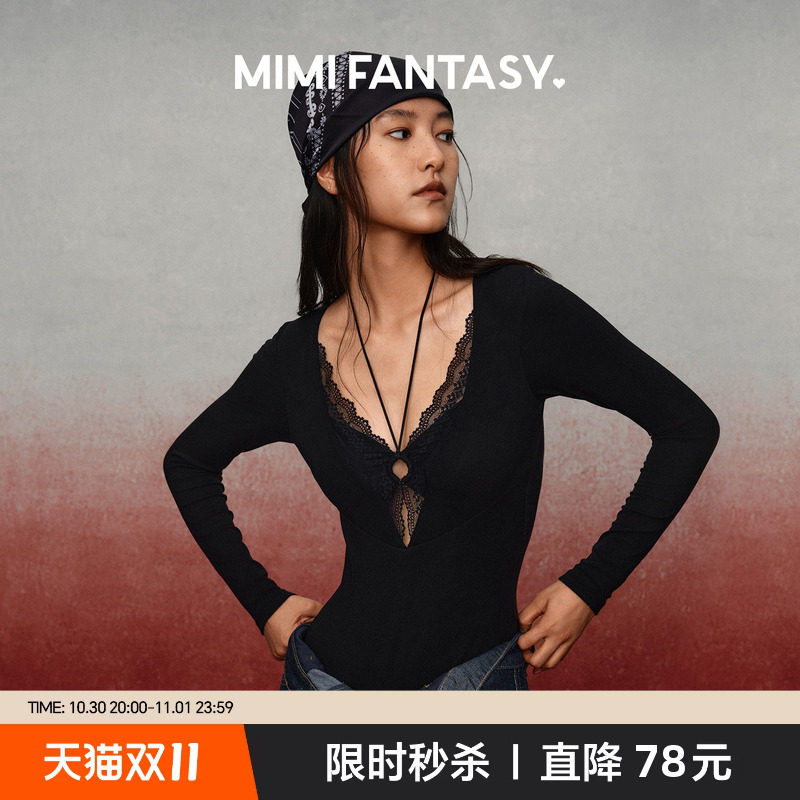 MIMI FANTASY性感深V绑带连体衣 秋冬蕾丝边免穿文胸镂空显瘦上衣