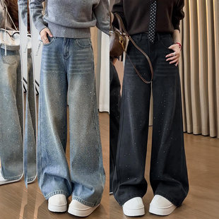 复古爆闪亮钻牛仔裤女2026春季新款大码胖mm高腰显瘦窄版阔腿裤子