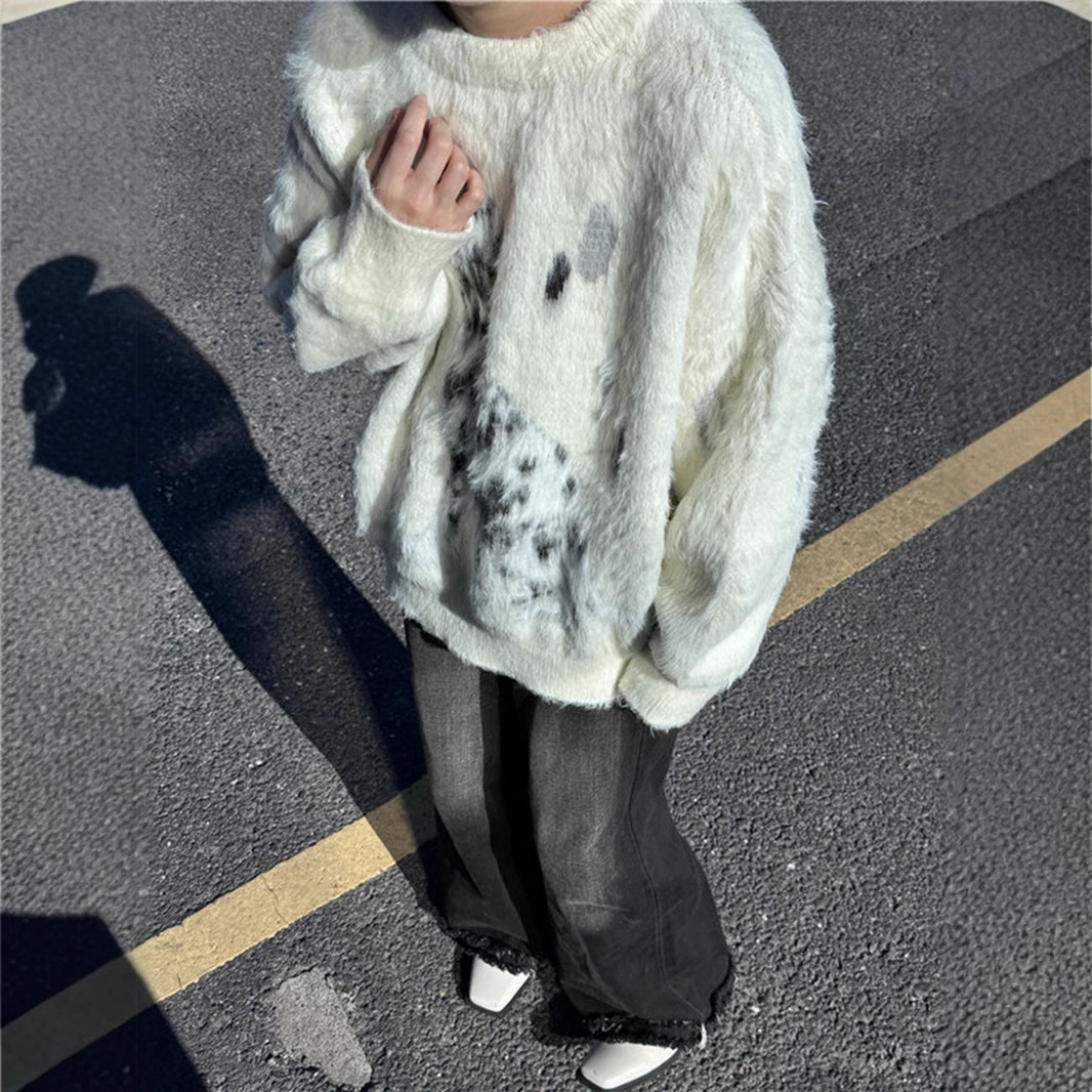 秋冬季水貂绒毛衣男款潮牌宽松提花针织衫日系复古慵懒毛线衣外套