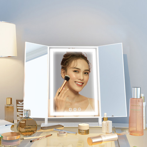 网红三折化妆镜台式led带灯