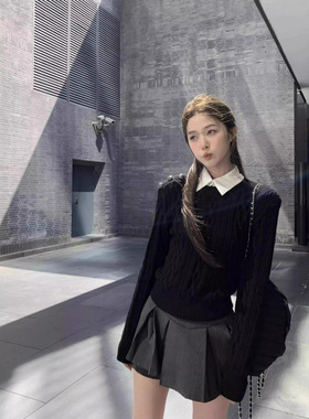 韩系假两件衬衫领毛衣女秋冬小个子黑色慵懒高级感针织衫短款上衣
