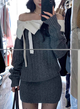 法式灰色一字肩针织连衣裙子女秋冬季2025新款巨好看气质包臀短裙