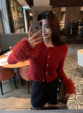 实价现货法式小香风红色毛茸茸长袖毛衣独特漂亮毛袖针织开衫上衣