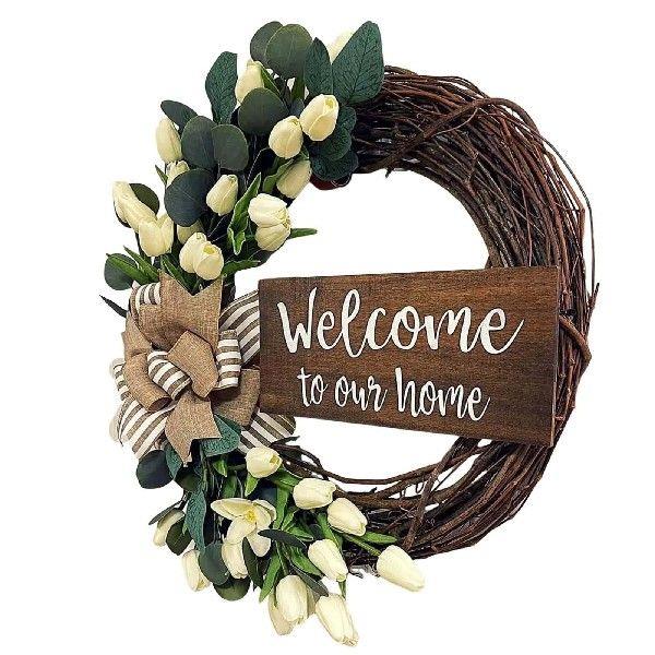 Spring Welcome Sign Artificial Tulip Welcome Sign Wreath