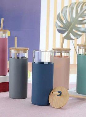 Wooden Lid Glass Water Bottle With Straw Single-Wall