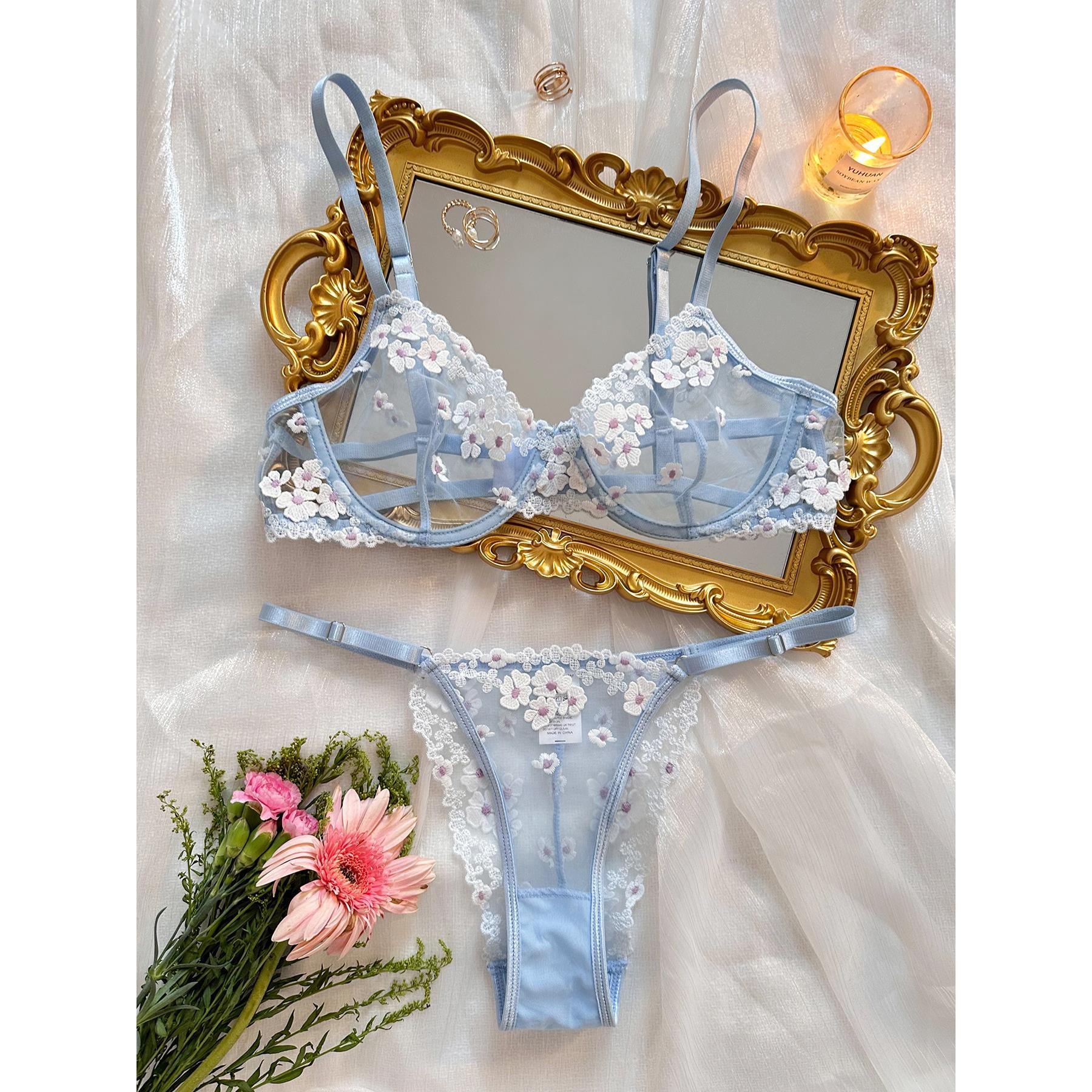 Screen perspective gather underwear set甜美印花刺绣网纱内衣