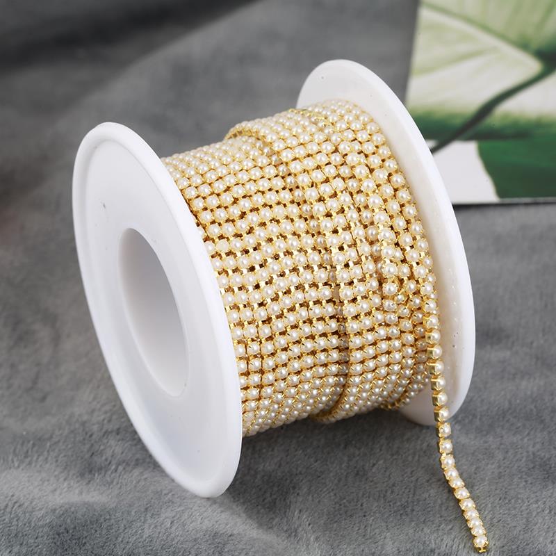 2mm 3mm 10yards Gold Pearl Rhinestone Cup Chain Glass Dense