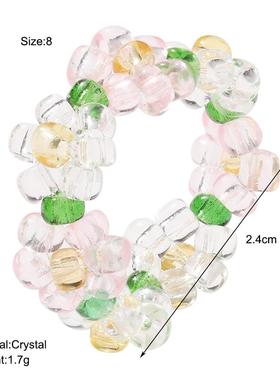female Creative new elastic flower crystal bead ring彩色戒指