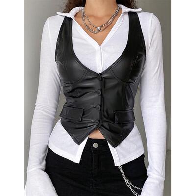 PU Leather Vest Vintage Women Sleeveless V Neck Button Tank