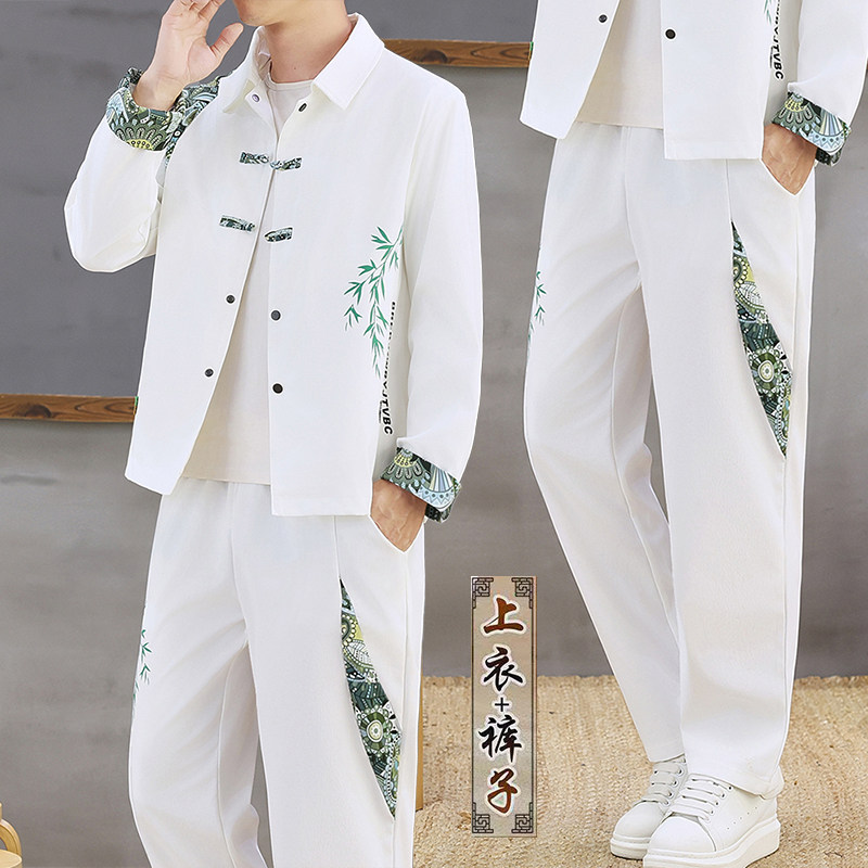 New Chinese casual suit men's jacket lapel disc print slim jacket