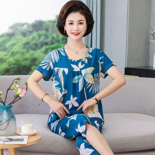 睡衣中年妇女士套头T恤纯棉绸阿姨绵绸女装 短裤 宽松 短袖 妈妈夏装