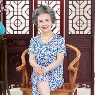 老人夏天薄款短袖七分裤老太太透气凉快睡衣女纯棉绸婆婆休闲衣服