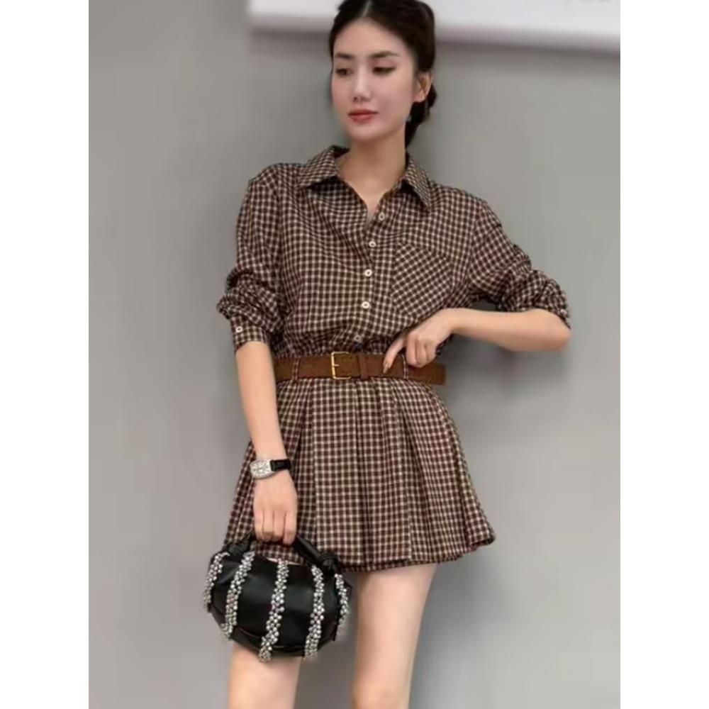 JOYIASS时尚套装裙女2025春秋季新款洋气减龄覆古格子衬衫裙+短裤